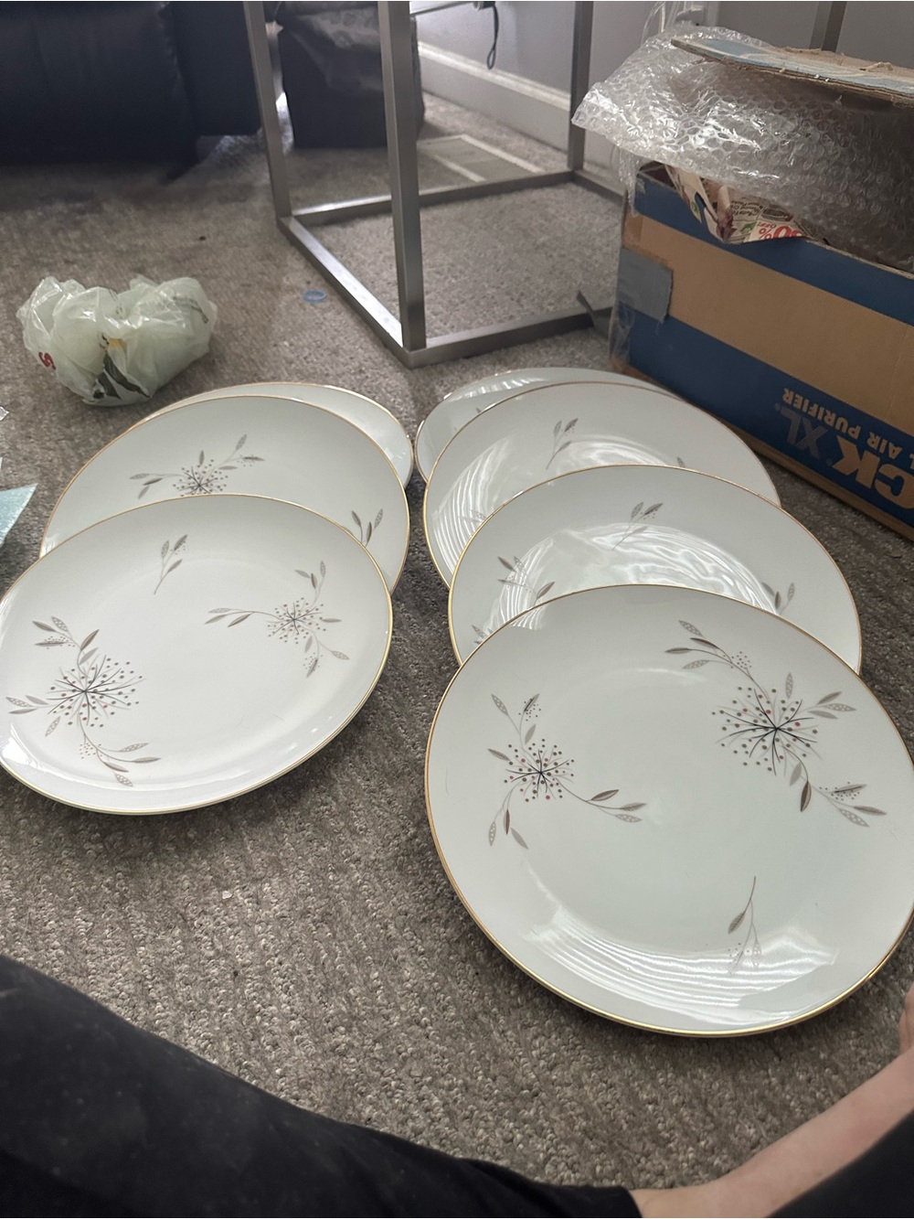 Noritake White Porcelain Dinner Plates with Gold Trim and Silver Floral Accents